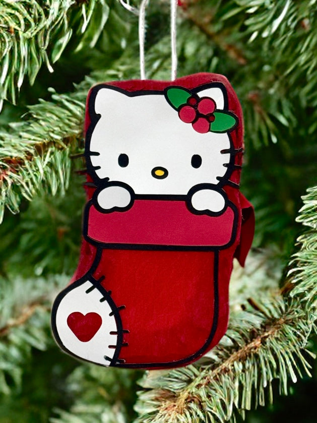 Handcrafted White Cat Mini Piñata Ornament | Festive Red Stocking Design | Unique Holiday Party Favor