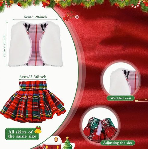 Cozy Holiday Plaid Outfit for Elf (Vest, Skirt & Fuzzy Booties Set)