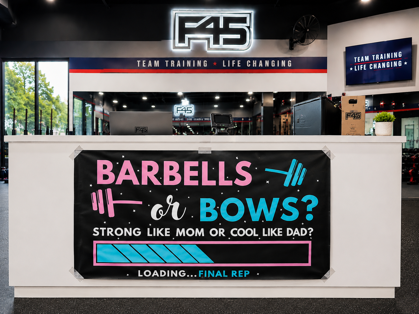 Barbells or Bows gender reveal cardstock banner, 47.5 by 29.5 inches