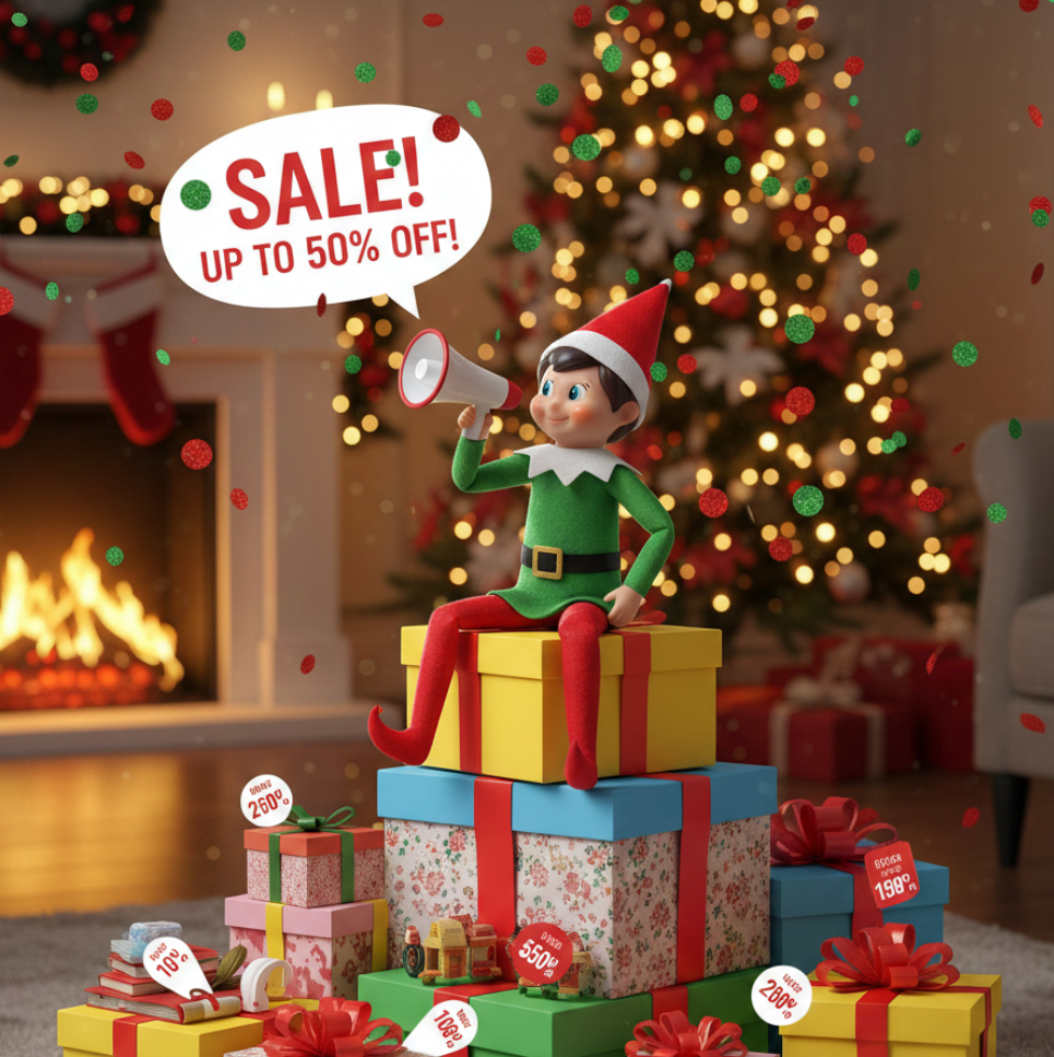 Elf on the Shelf with holiday decorations and sale announcement in a festive living room.