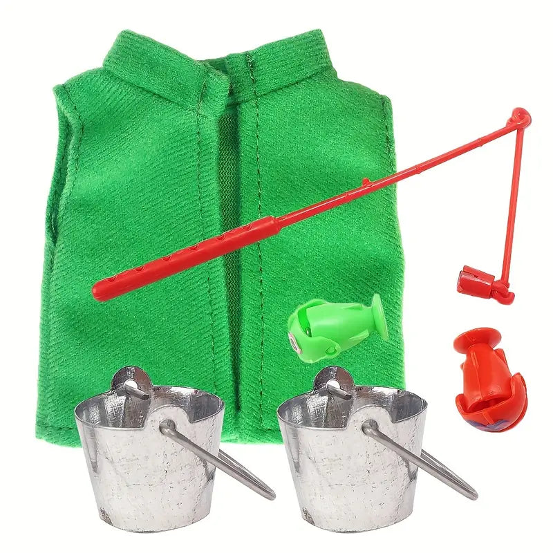 Miniature green fishing vest, red fishing rod, and two metal buckets, sold as a four-piece accessory prop set for a 12-inch holiday doll.