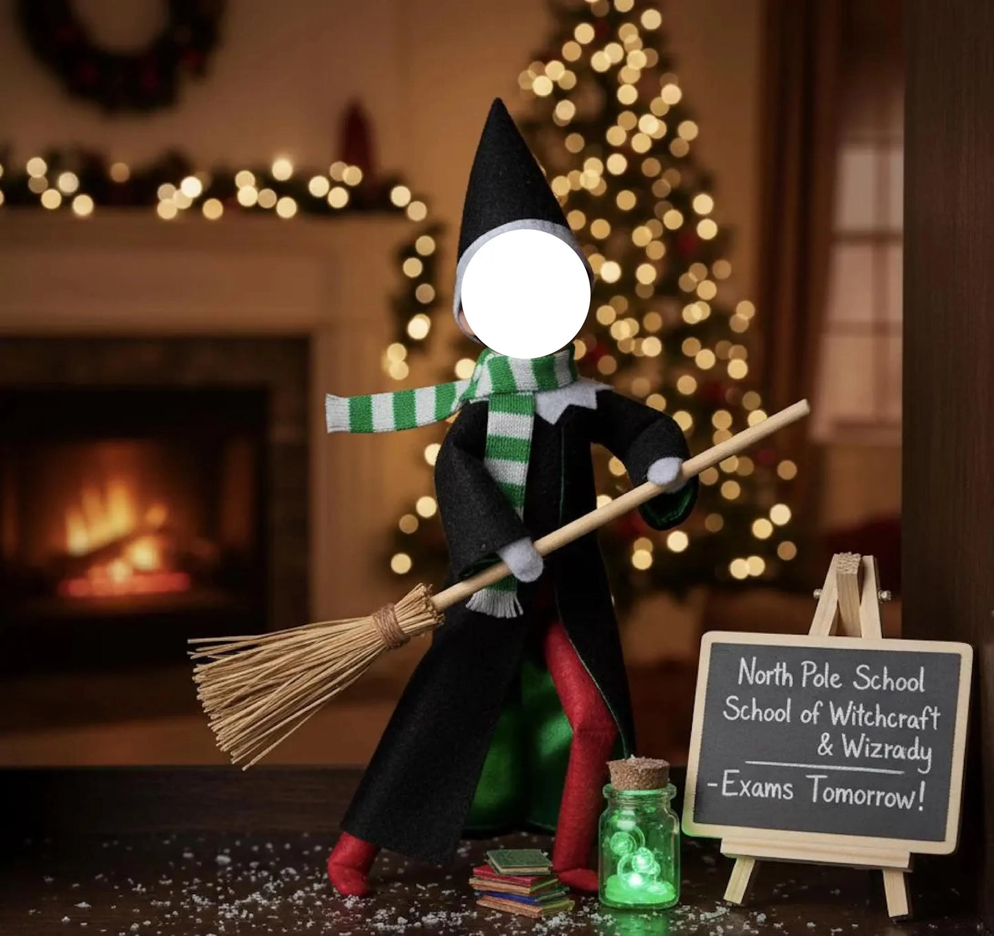 North Pole Sorcerer Outfit Set: Magical Robe, Scarf & Flying Broom for Your Elf!