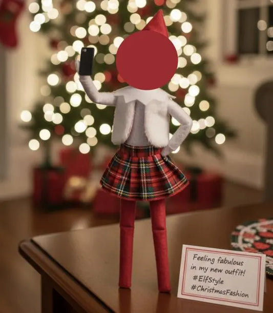 Cozy Holiday Plaid Outfit for Elf (Vest, Skirt & Fuzzy Booties Set)